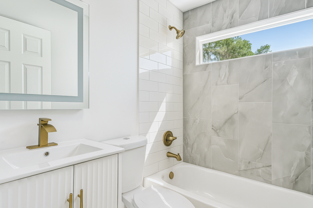 Modern Bathroom remodel with gold hardware by Jacksonville Roofing and Remodeling
