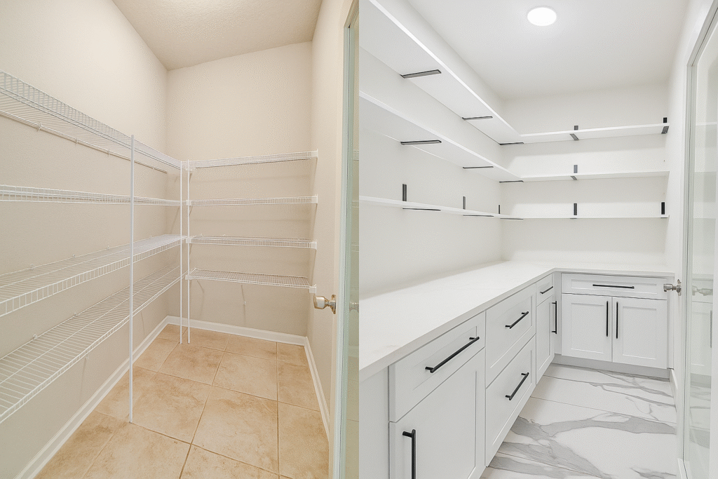 Pantry before and after remodel showing custom shelving and modern design by Jacksonville Roofing and Remodeling | Dream Home Builders