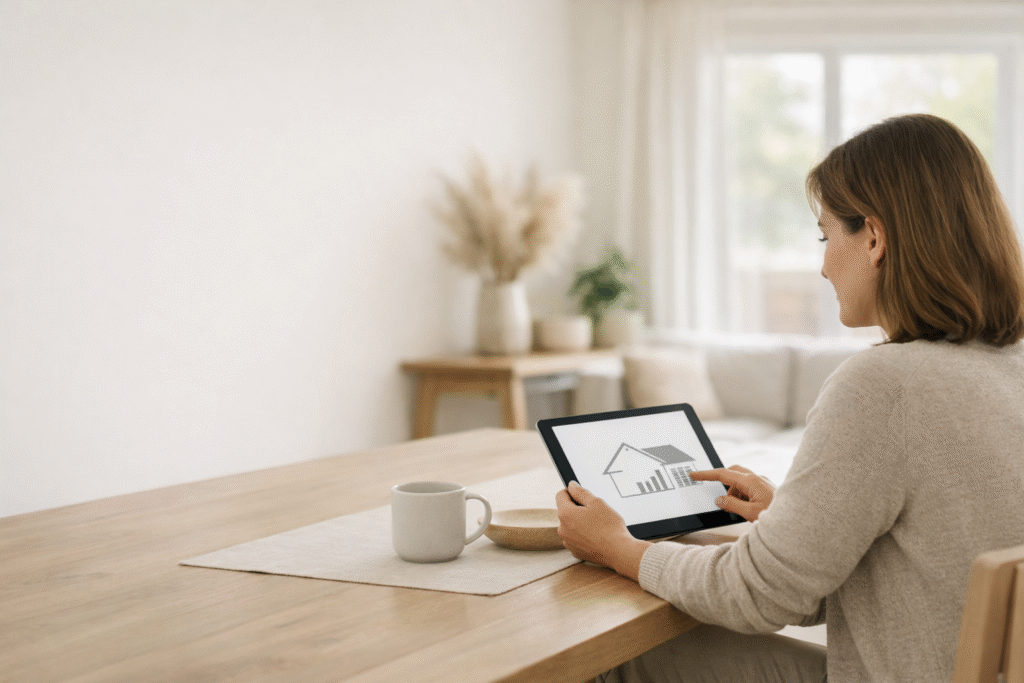 Homeowner calmly reviewing a roof estimate on a tablet in a bright, natural-light home